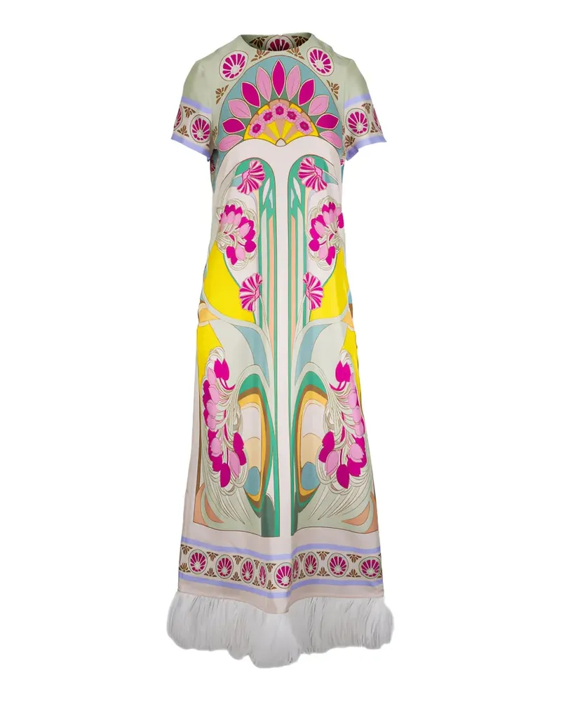 La DoubleJ feather-trim graphic-print maxi dress - Nude Nude