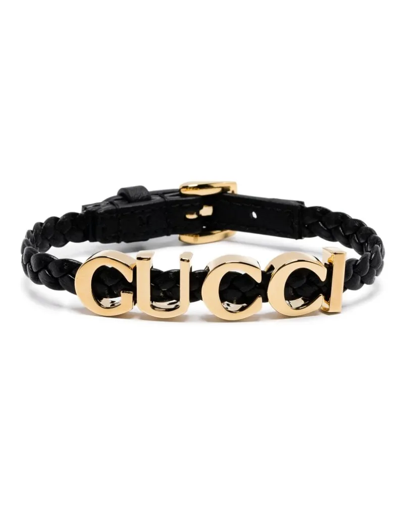 Gucci Geflochtenes Lederarmband mit Logo Schwarz