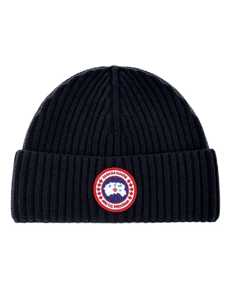 Canada Goose logo-patch ribbed-knit beanie hat - Blau Blau