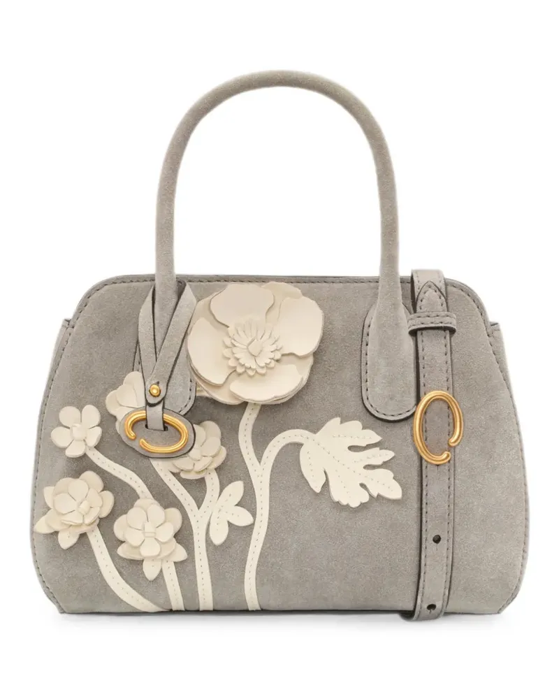 Oscar de la Renta Mini Ivy Tote Bag aus Wildleder mit Blumenapplikation - Grau Grau