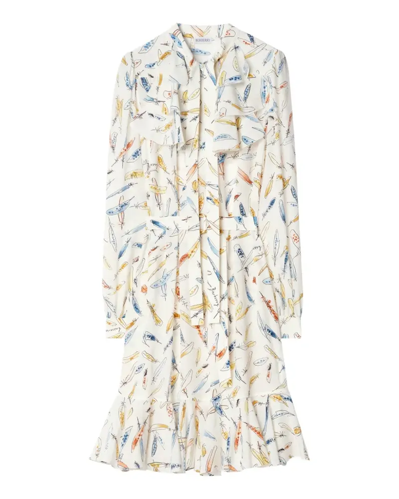 Burberry Gerüschtes Seidenkleid mit Feder-Print - Nude Nude
