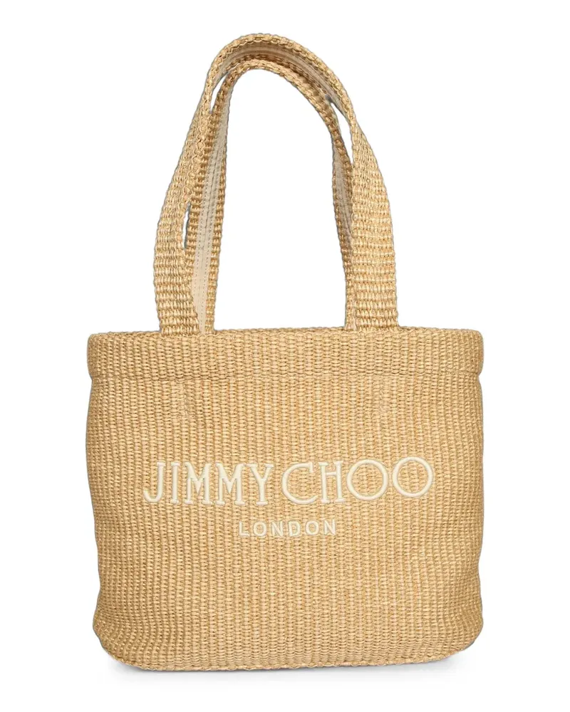 Jimmy Choo woven-raffia logo-embroidered tote bag - Nude Nude
