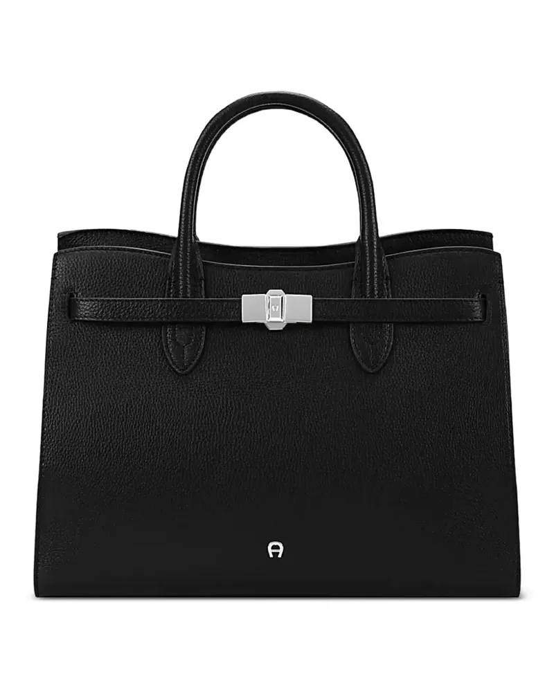 Aigner Große Farah Tote Bag aus gekörntem Leder mit Logo-Schild - Schwarz Schwarz