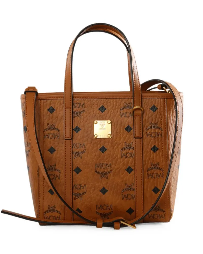 MCM Toni Visetos-print logo-plaque tote bag - Braun Braun