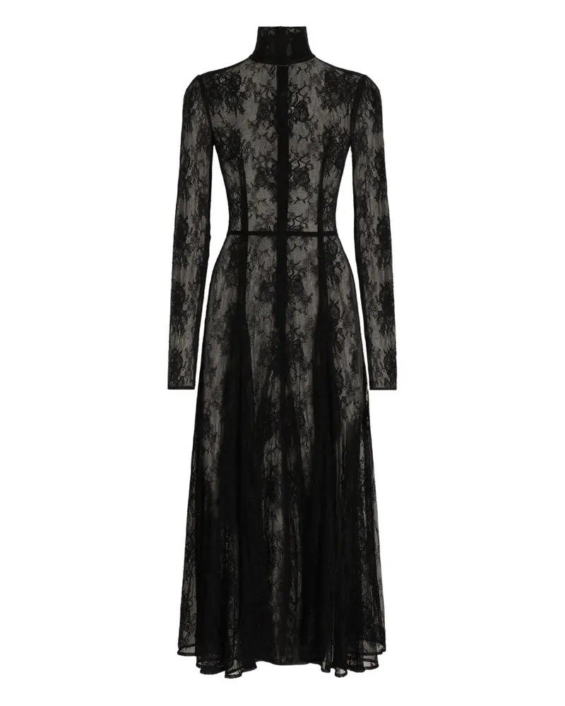 Dolce & Gabbana Spitzenmidikleid mit Stehkragen - Schwarz Schwarz
