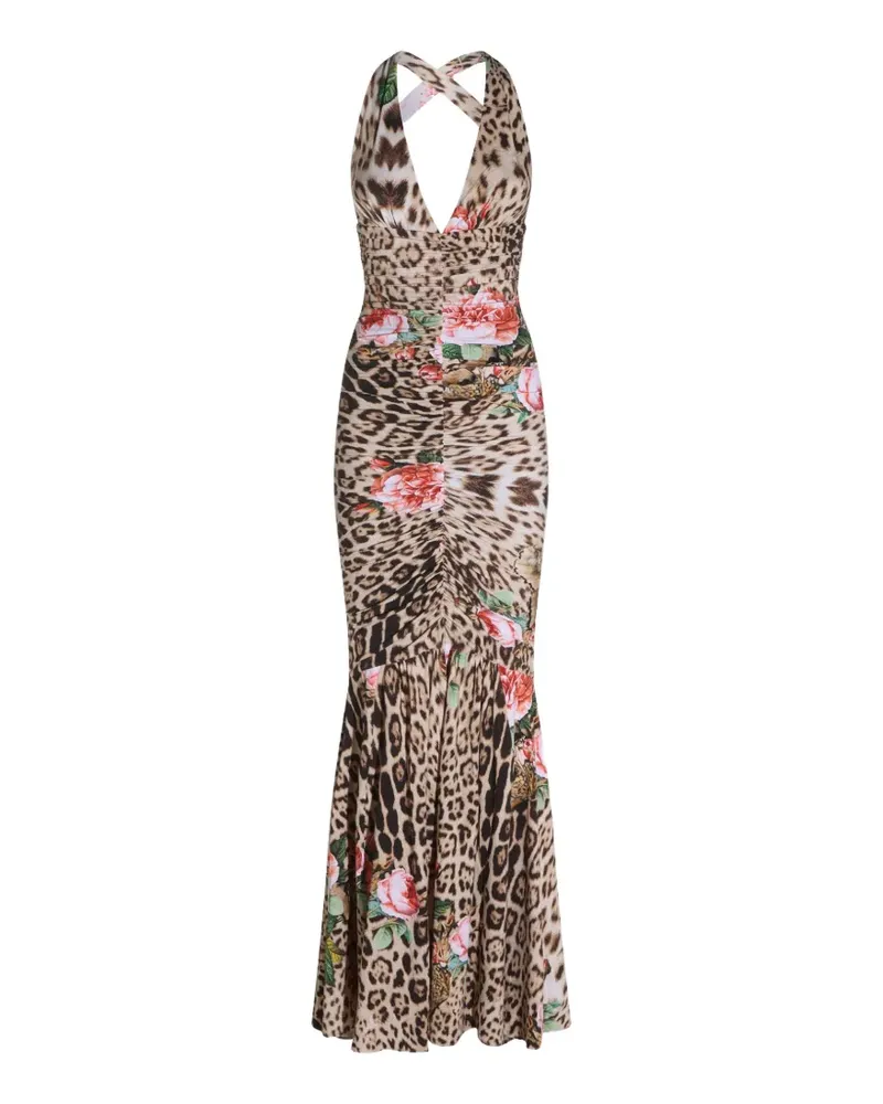 Roberto Cavalli Jaguar-print floral-print maxi dress - Nude Nude