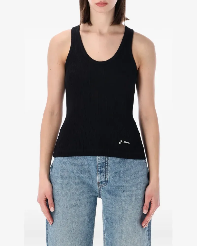 Ganni ribbed-knit logo-embroidered tank top - Schwarz Schwarz