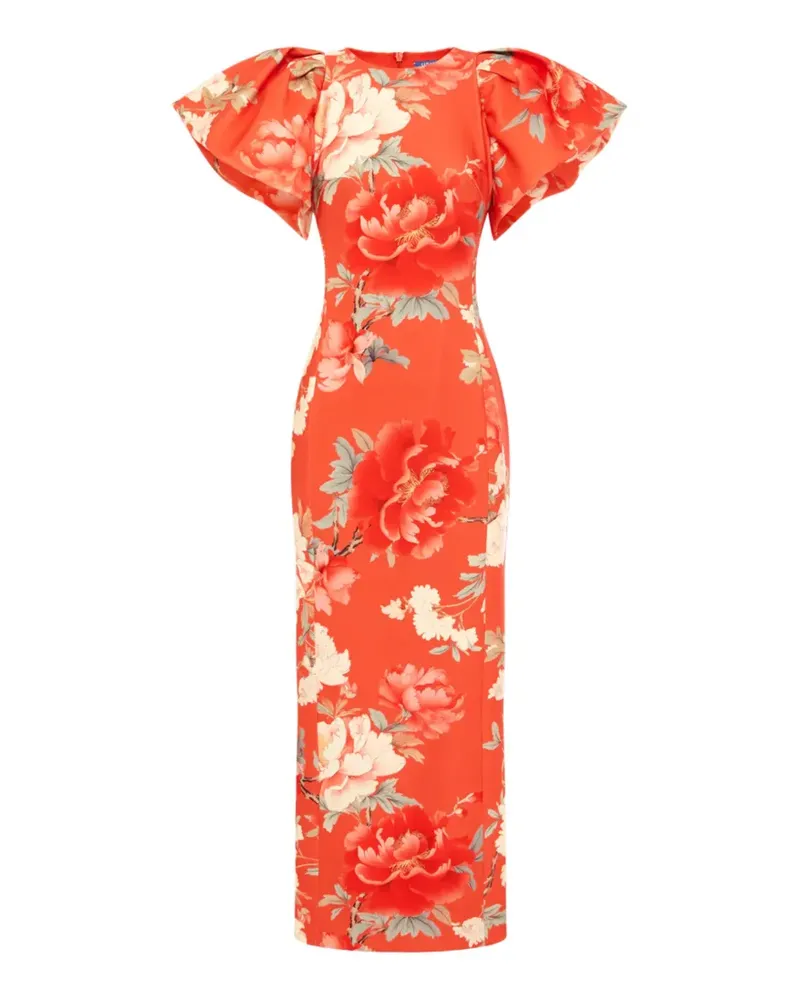 LEO LIN Lucinda floral puffed-sleeves midi dress - Orange Orange
