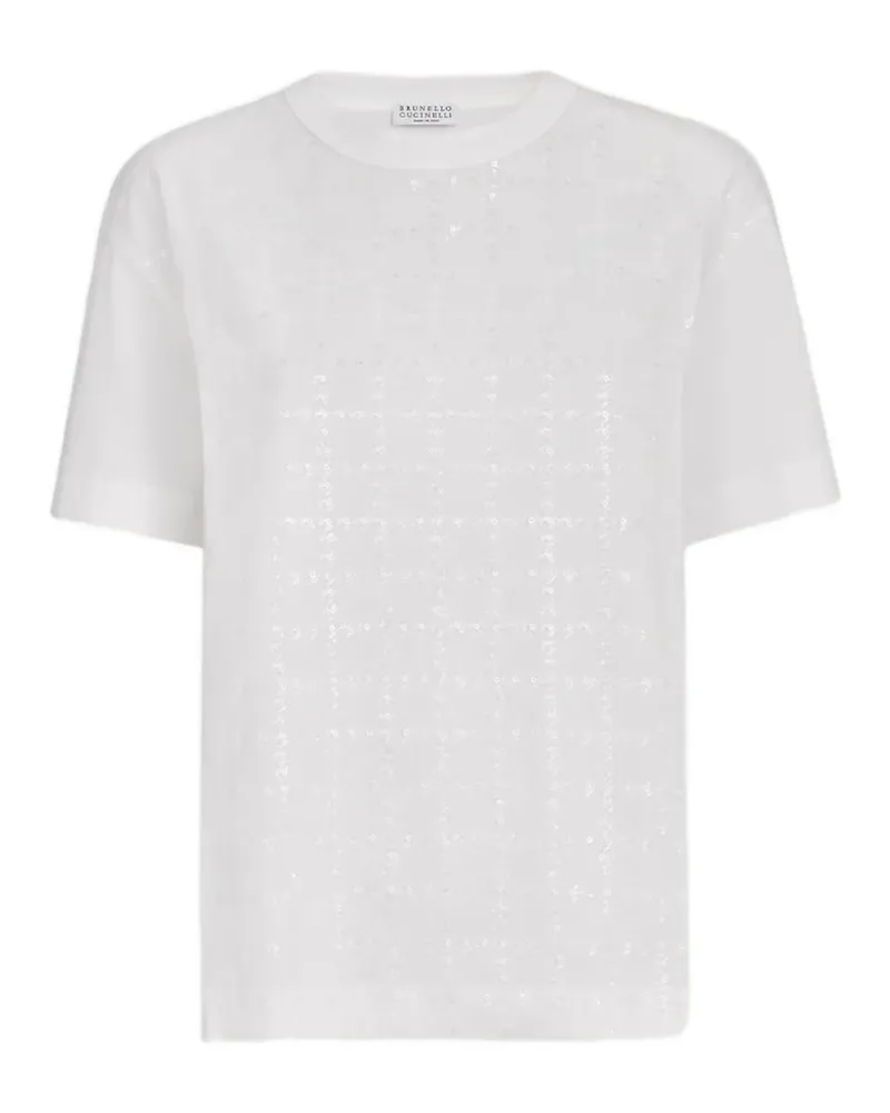 Brunello Cucinelli T-Shirt mit funkelnder Windowpane-Stickerei - Weiß Weiß
