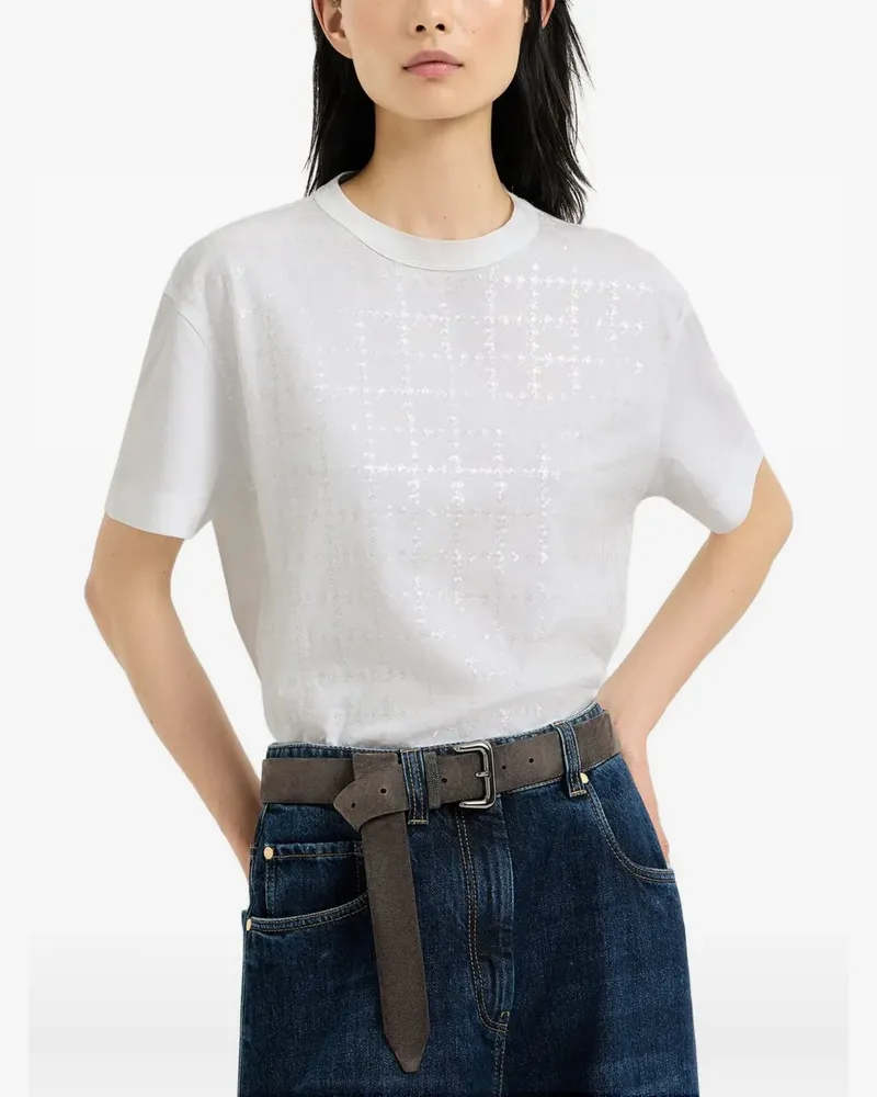 Brunello Cucinelli T-Shirt mit funkelnder Windowpane-Stickerei - Weiß Weiß