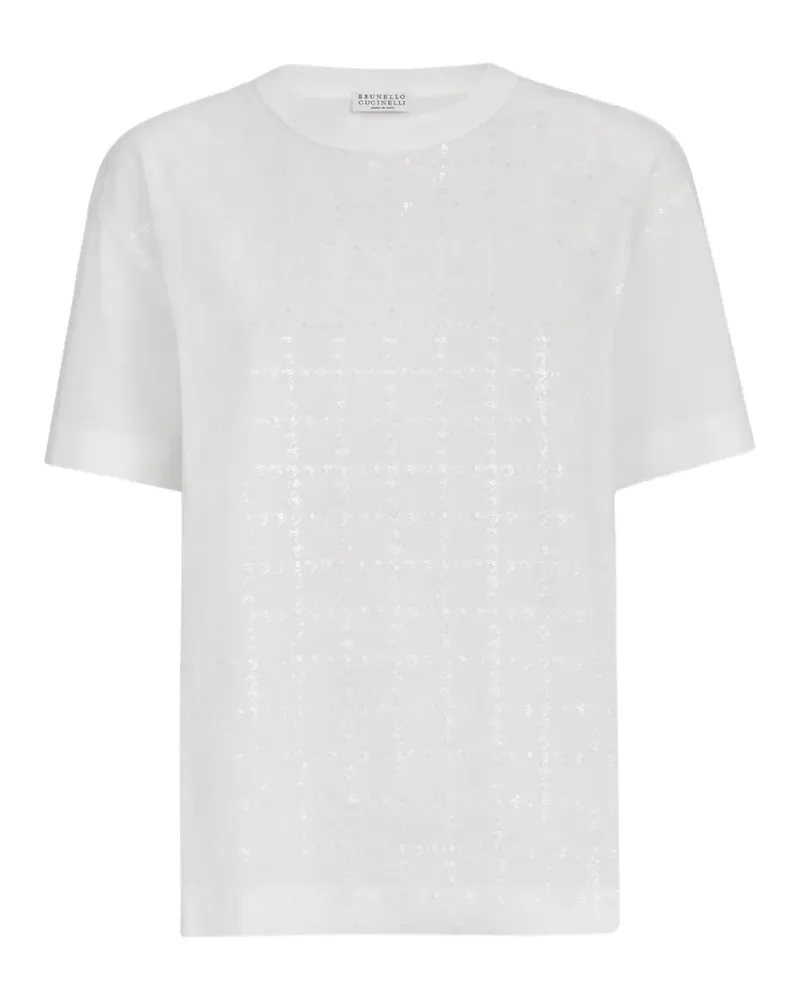 Brunello Cucinelli T-Shirt mit funkelnder Windowpane-Stickerei - Weiß Weiß