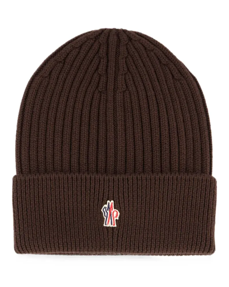 Moncler Gerippte Beanie mit Logo-Patch - Braun Braun