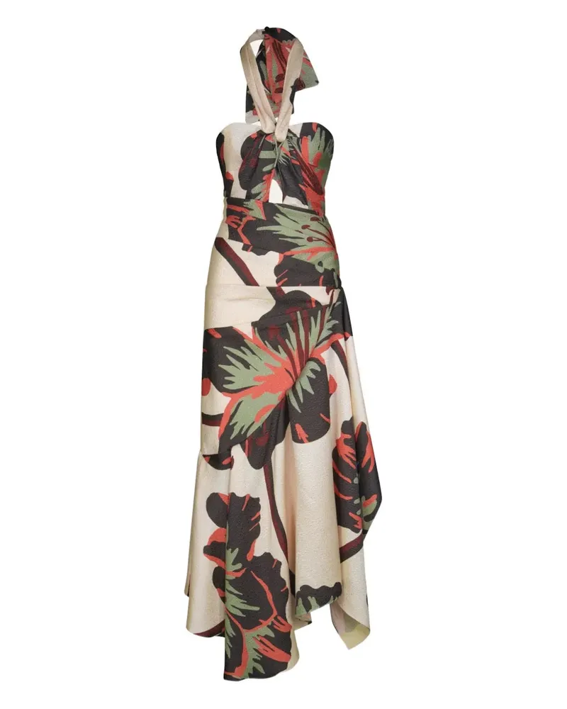 Johanna Ortiz Sol De Jade engraved-jacquard halterneck maxi dress - Nude Nude