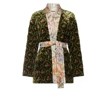 Gesteppter Samtmantel mit Blumen - Grün