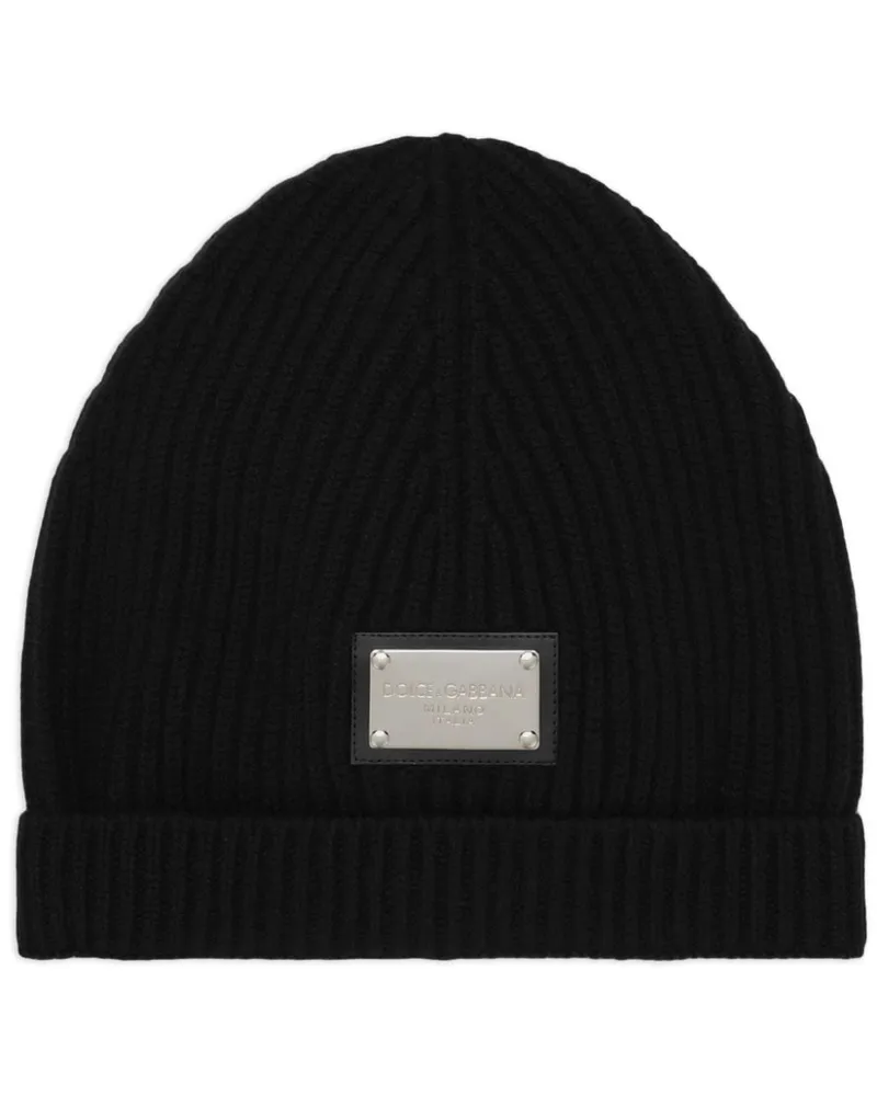 Dolce & Gabbana Gerippte Mütze mit Logo-Schild - Schwarz Schwarz