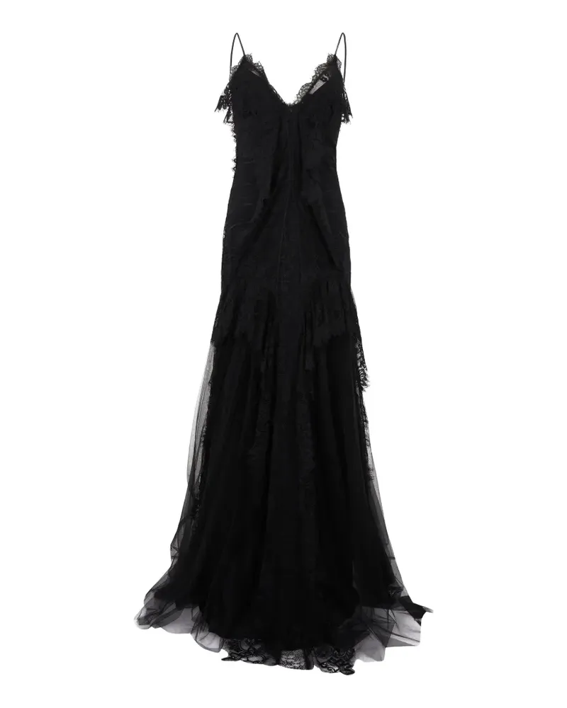 Alberta Ferretti V-Ausschnitt-Maxikleid mit Spitzenbesatz - Schwarz Schwarz