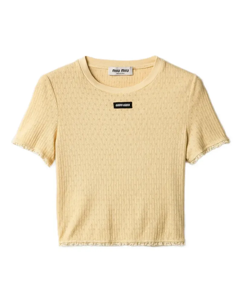 Miu Miu logo-patch pointelle-knit T-shirt - Nude Nude