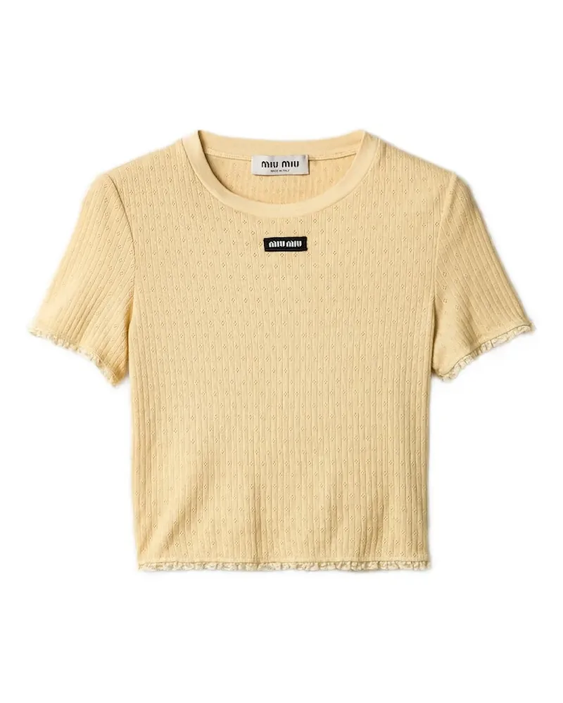 Miu Miu logo-patch pointelle-knit T-shirt - Nude Nude