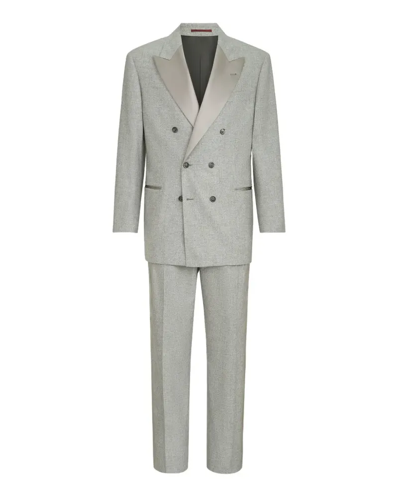 Brunello Cucinelli cashmere and silk lightweight flannel tuxedo: one-and-a-half breasted jacket and trousers with double pleats and waist tabs - Grau Grau