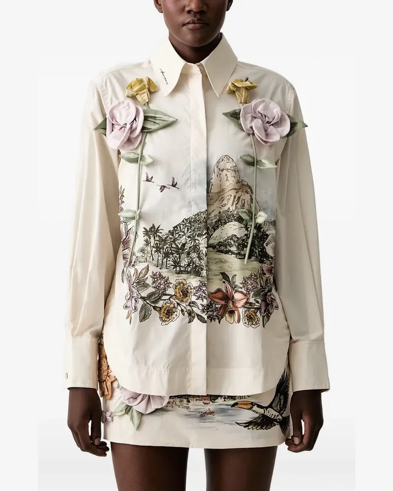 FARM Rio Toile De Rio floral-appliqué graphic-print shirt - Nude Nude