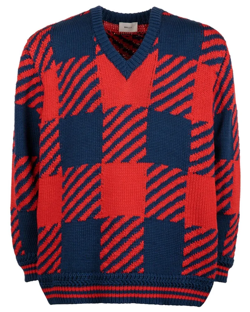 Bally Karierter Pullover mit V-Ausschnitt Blau