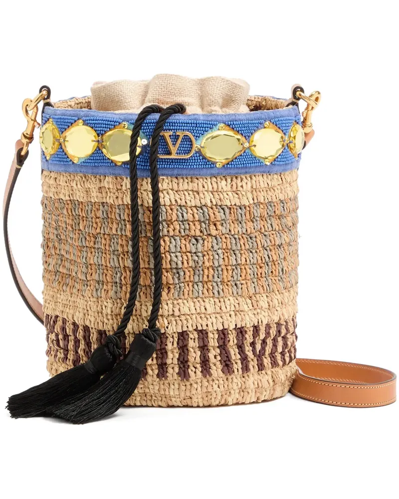 Valentino Garavani small raffia embroidered bucket bag - Nude Nude