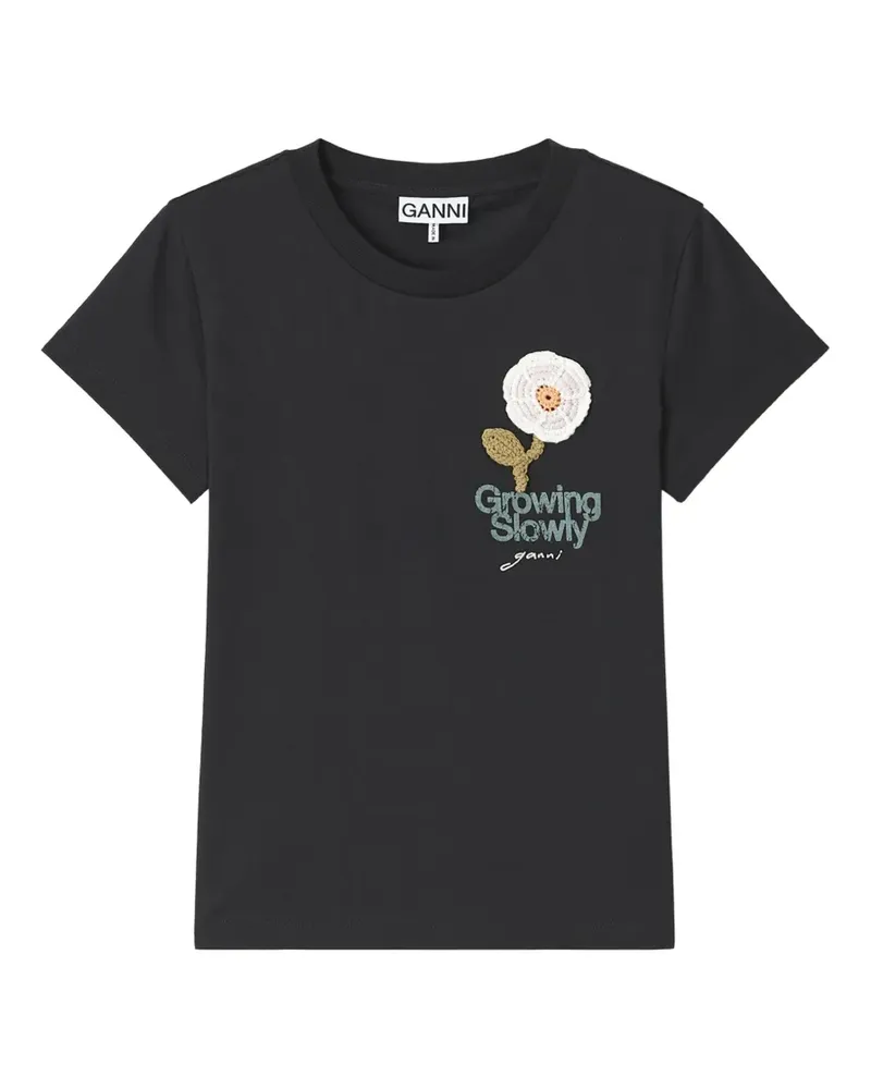 Ganni crochet-patch logo-print T-shirt - Schwarz Schwarz