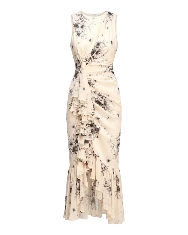 Cinq à Sept Gerüschtes Cyrus Midikleid mit Blumenprint - Nude Nude