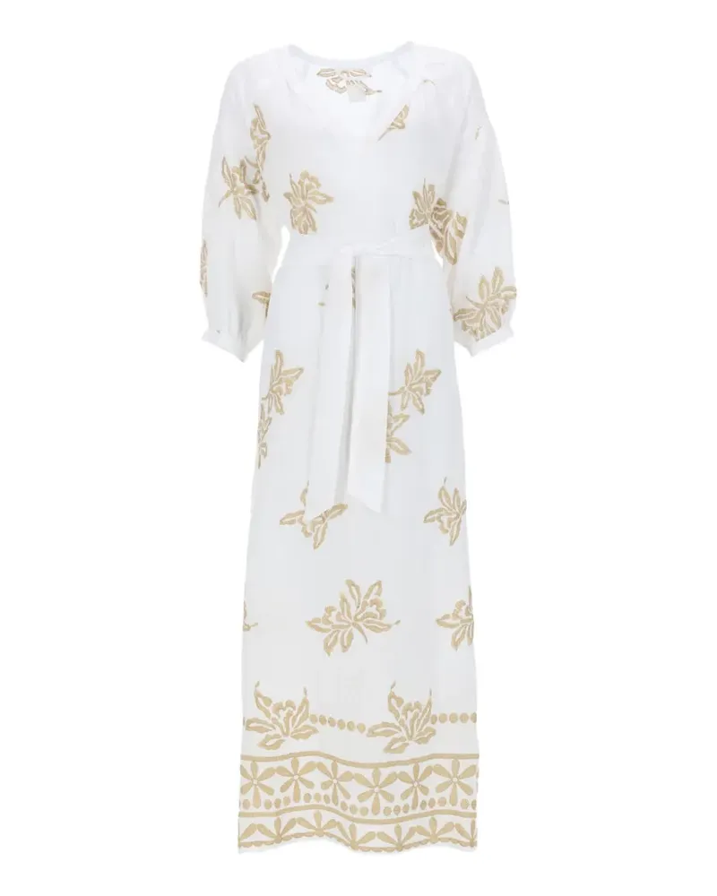 120% Lino floral-embroidered midi dress - Weiß Weiß