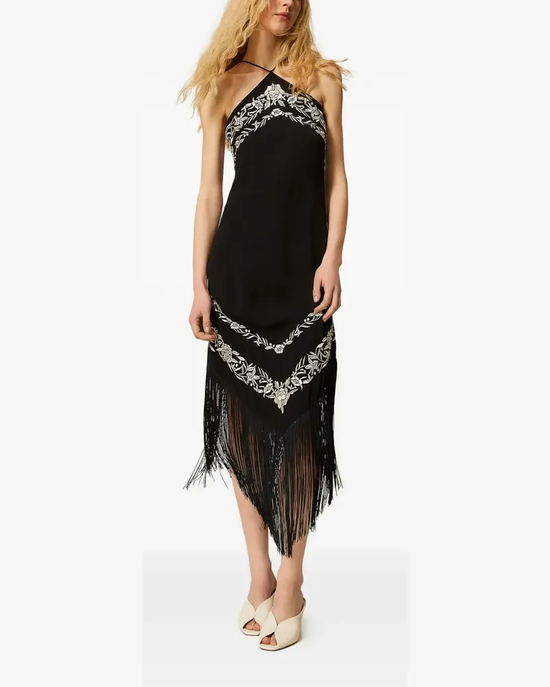 Twin-Set flower-embroidered midi dress - Schwarz Schwarz