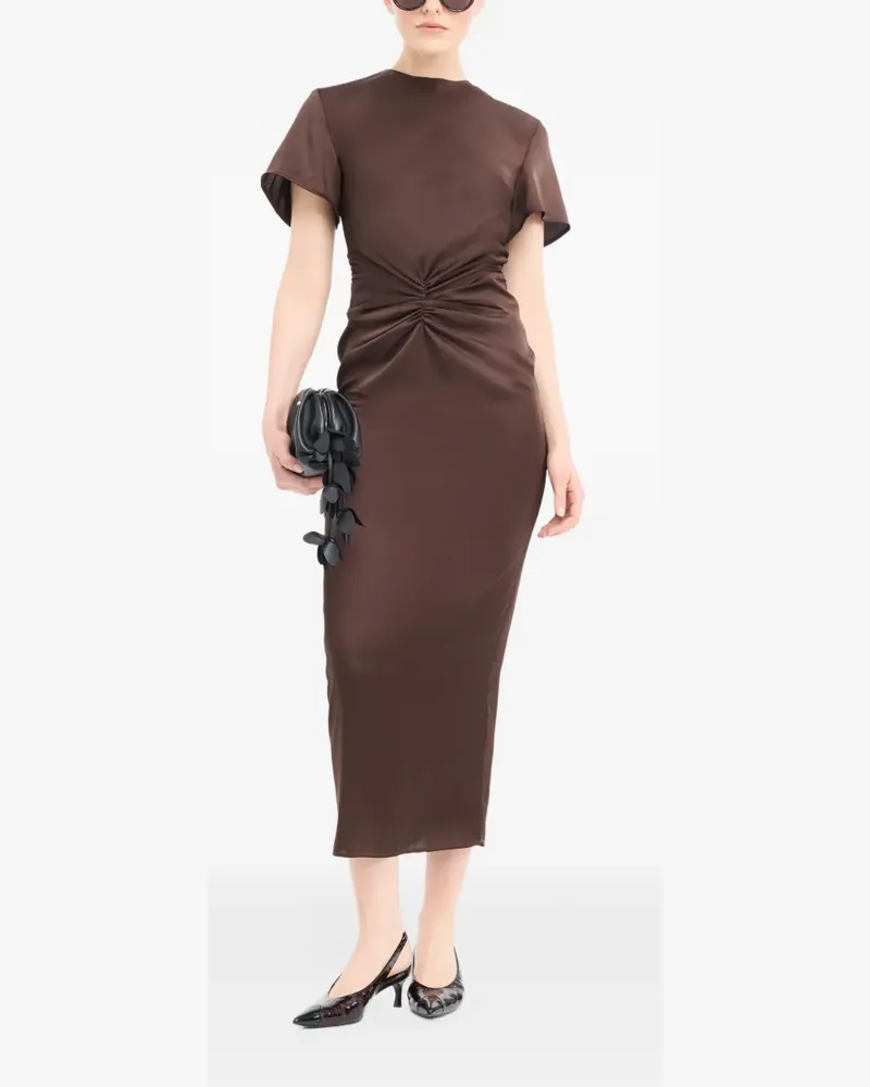 ROTATE Birger Christensen Gerafftes Midikleid mit Satin-Finish - Braun Braun