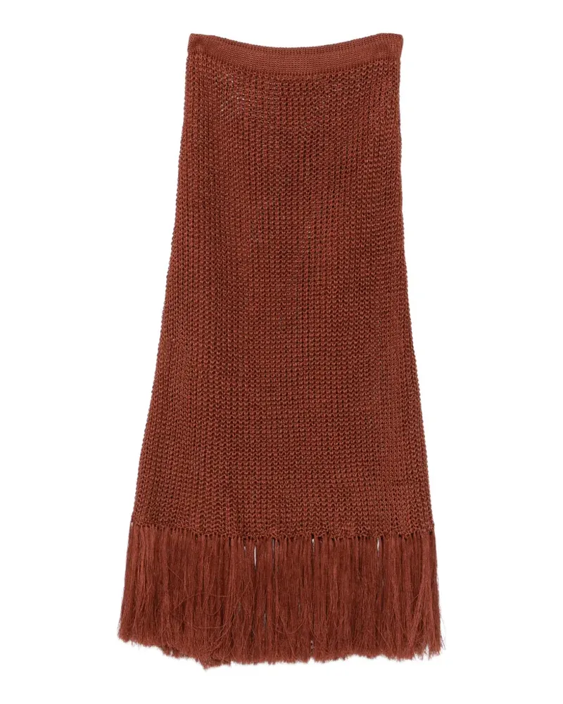 PLAN C fringe-trim open-knit maxi skirt - Braun Braun