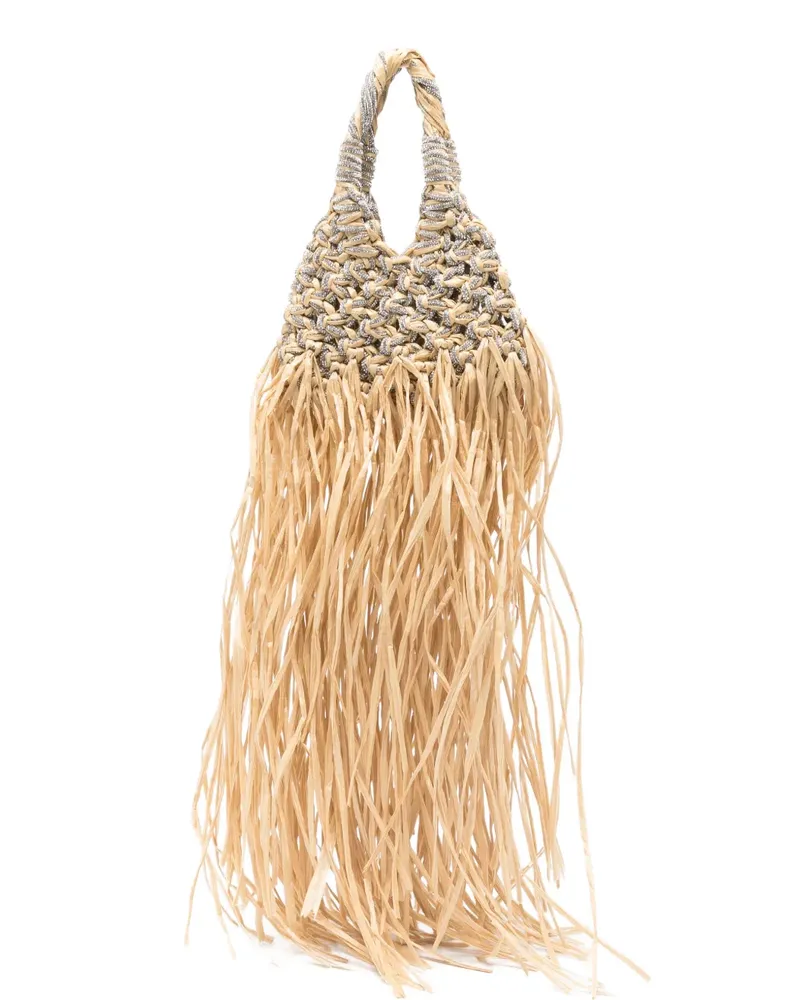 HIBOURAMA mini Vannifique Rafia crystal-embellished fringed tote bag - Nude Nude