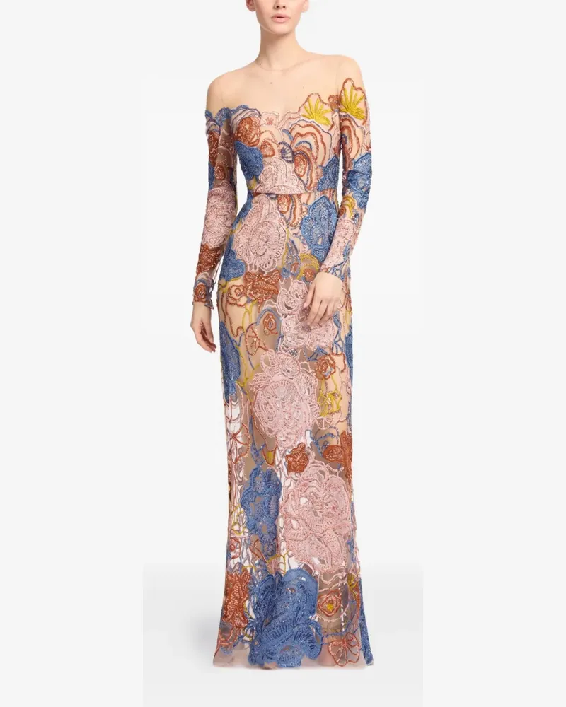 Elie Saab Maxikleid mit Blumenstickerein und Pailletten - Blau Blau