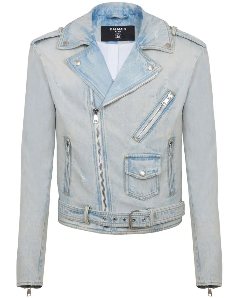 Balmain Bikerjacke aus Denim Blau