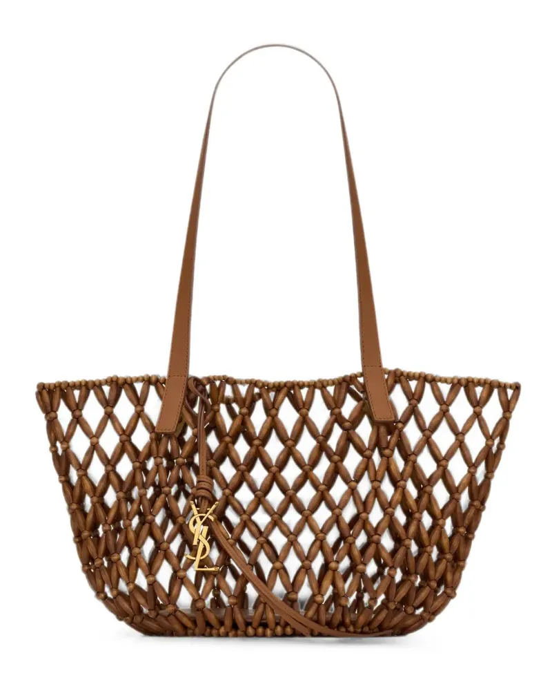 Saint Laurent small Panier beaded cage-style leather tote bag - Braun Braun