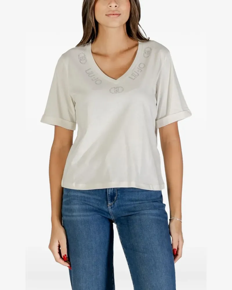 Liu Jo rhinestone-embellished V-neck T-shirt - Nude Nude