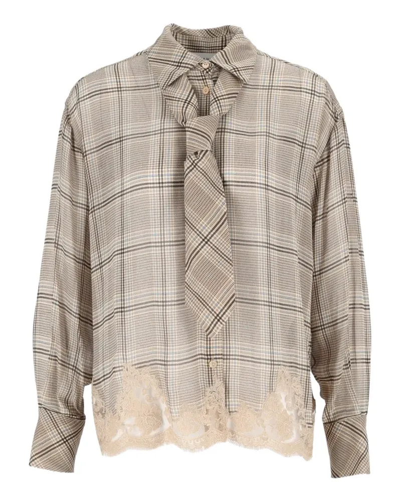 Ermanno Scervino lace-trimmed Prince of Wales check shirt - Nude Nude