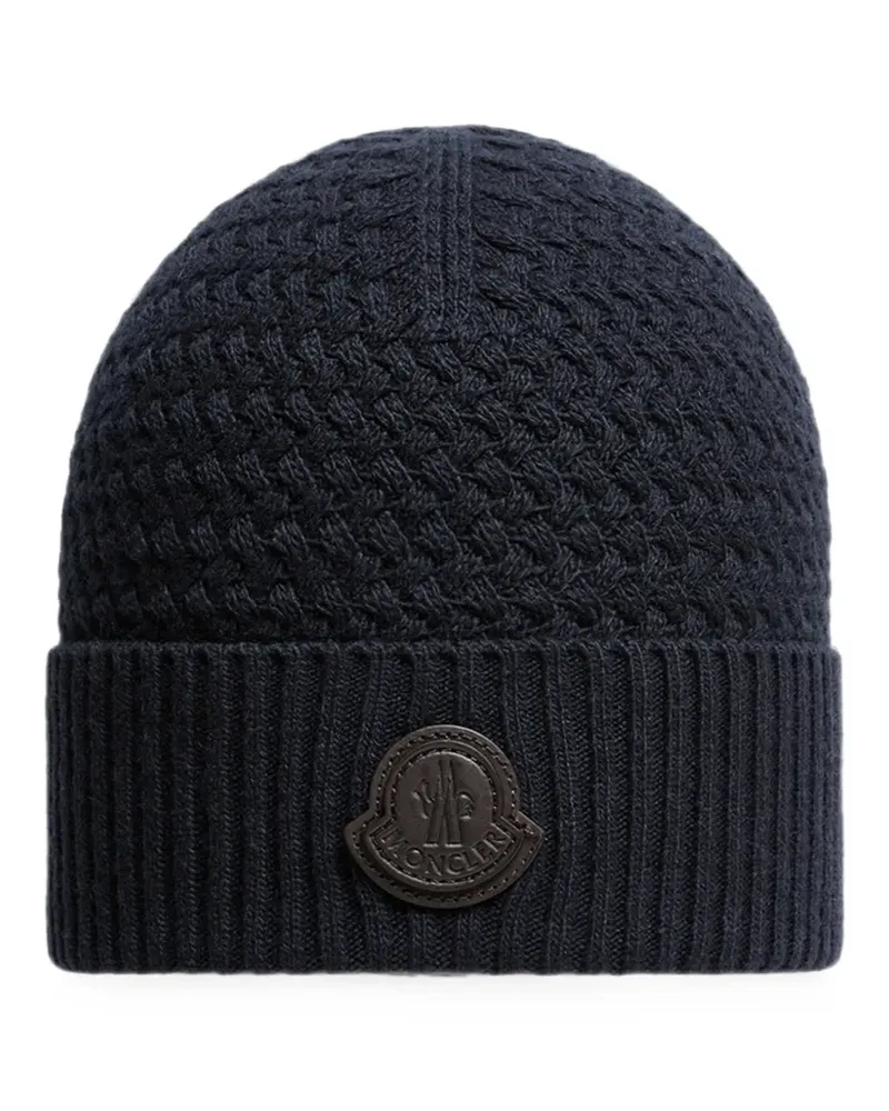 Moncler logo-patch cable-knit beanie hat - Blau Blau