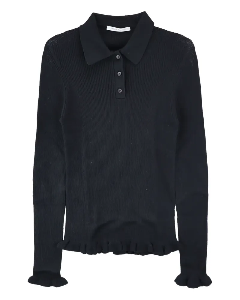 Cecilie Bahnsen Geripptes Poloshirt mit Rüschensaum - Schwarz Schwarz