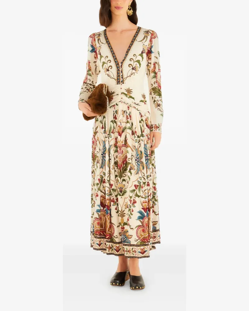 FARM Rio V-Ausschnitt-Midikleid mit Blumen-Print - Nude Nude