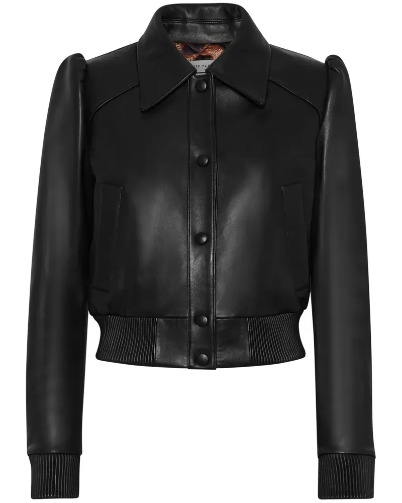 Philipp Plein Bomberjacke aus Leder mit Logo-Schild - Schwarz Schwarz