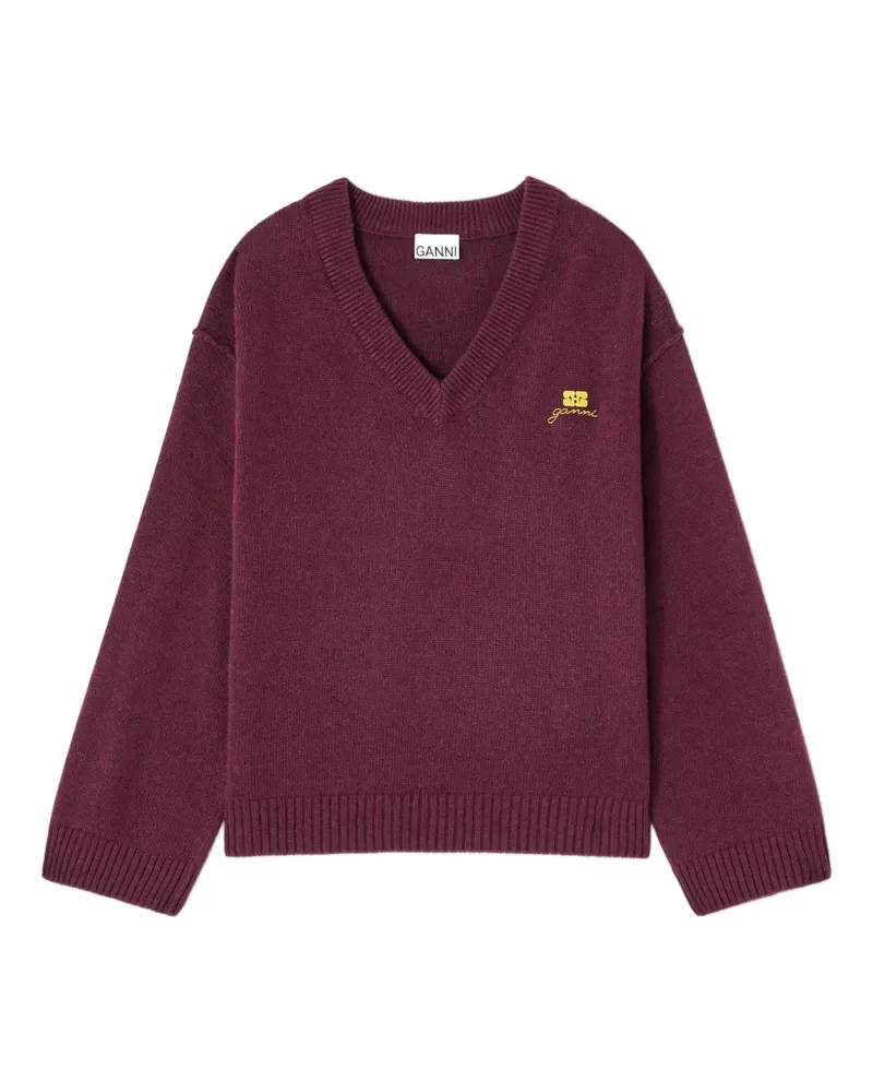 Ganni V-Ausschnitt-Pullover mit Logo - Rot Rot