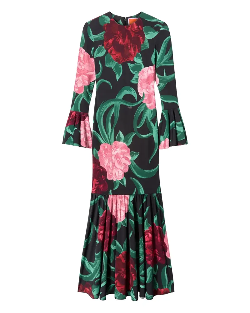 La DoubleJ Gerüschtes Alba Midikleid mit Blumen - Schwarz Schwarz