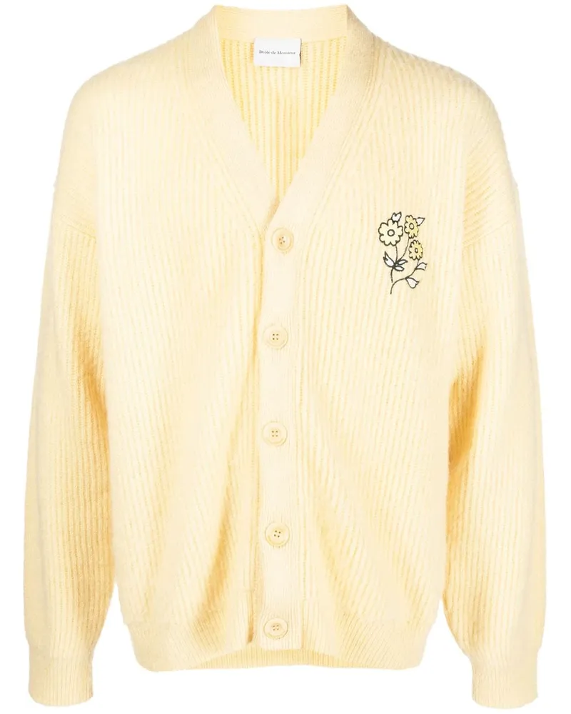 Drôle de Monsieur Gerippter Cardigan mit Blumenstickerei - Gelb Gelb