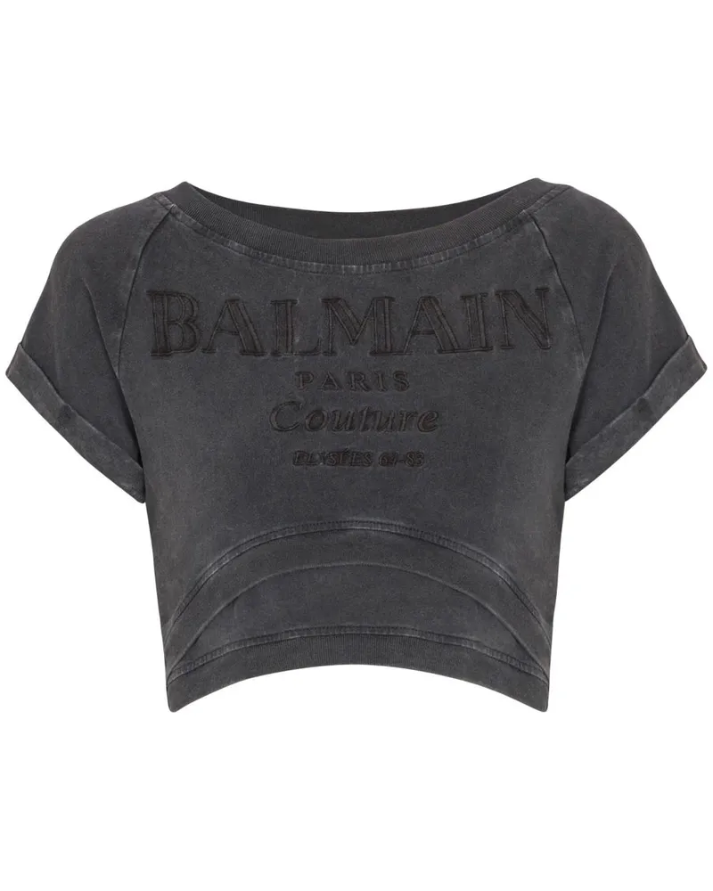 Balmain Cropped-T-Shirt mit Couture-Stickerei - Grau Grau