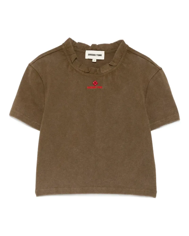 SHUSHU/TONG ruffled-trim logo-embroidered T-shirt - Grün Grün