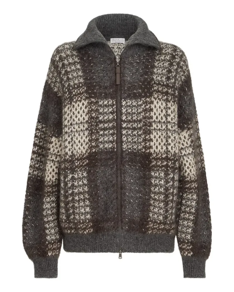 Brunello Cucinelli Outdoorjacke aus doppeltem Jacquard-Tartan-Strick aus Mohair, Schurwolle und Kaschmir mit glänzendem Reißverschluss-Schieber - Grau Grau