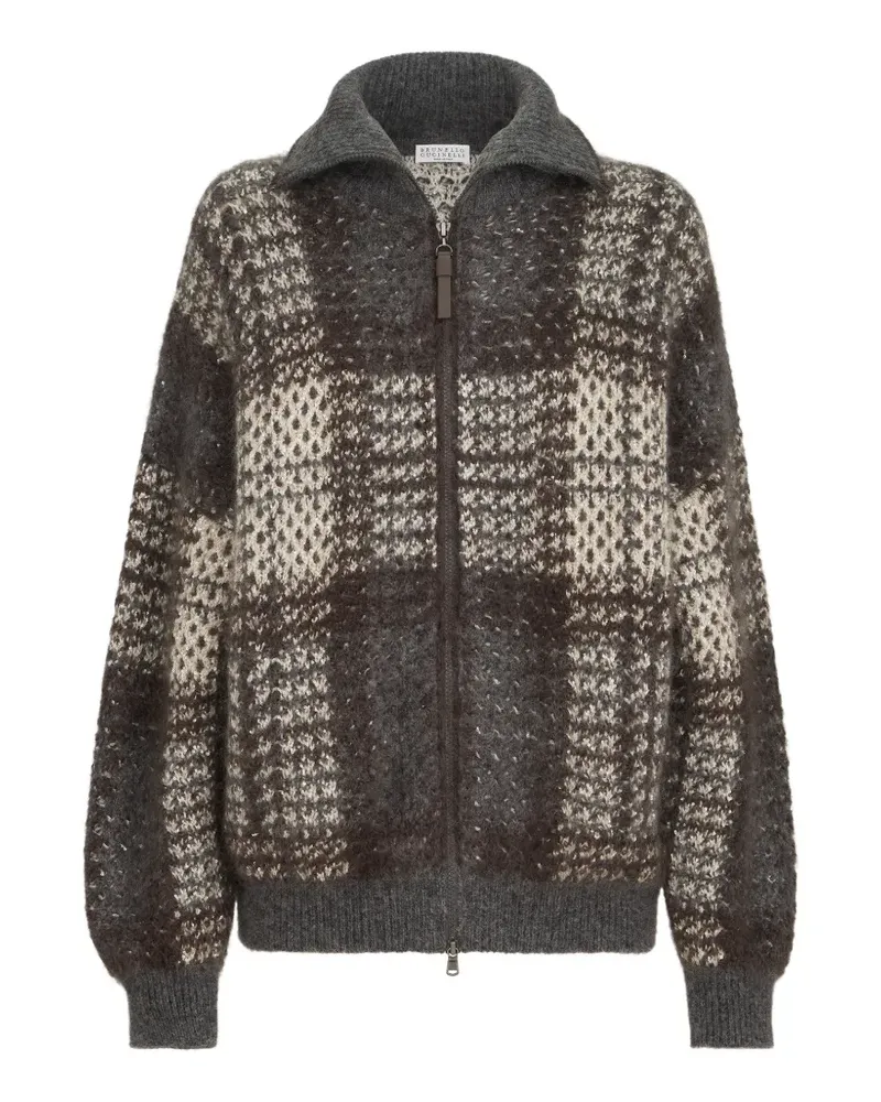 Brunello Cucinelli dazzling tartan double knit outerwear jacket in mohair, virgin wool and cashmere with shiny zipper pull - Grau Grau