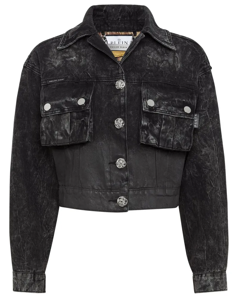 Philipp Plein Cropped-Jeansjacke mit tiefen Schultern - Schwarz Schwarz